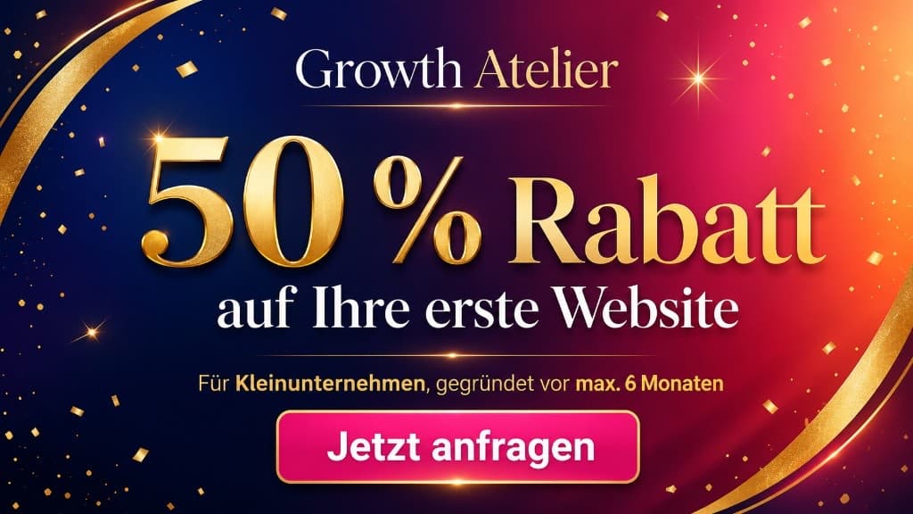 Illustration zur Aktion: 50 Prozent Rabatt auf die erste Website für neu gegründete kleine Unternehmen.