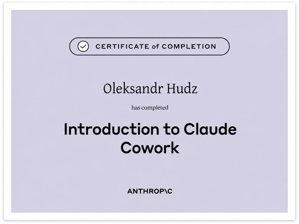 Zertifikat Introduction to Claude Cowork — Oleksandr Hudz, Anthropic